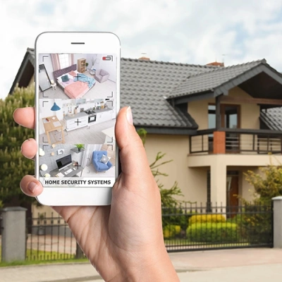 Phoenix vivint phone display of cctv live feed in front of a house